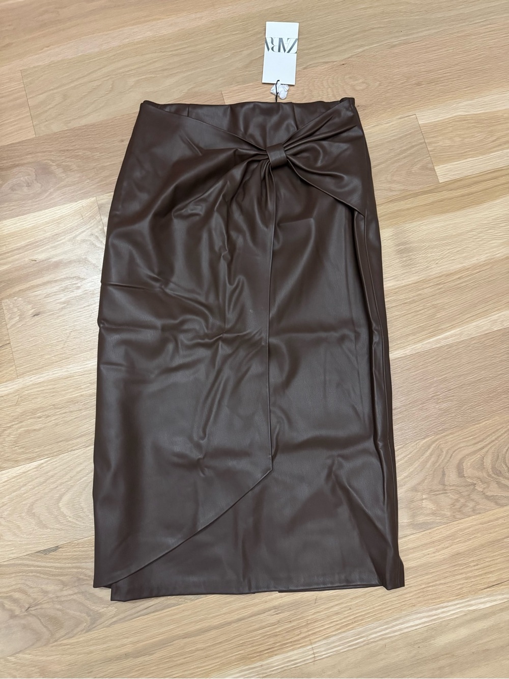 ZARA Dark Brown Faux Leather Bow Pencil Midi Skirt NWT Size M